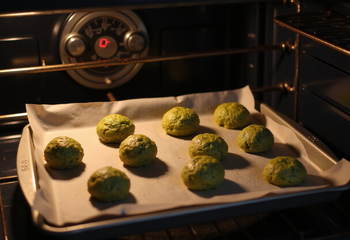 Zucchini balls being placed in the oven for cooking boulettes de courgettes au four.