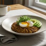 Finished healthy bowl lentilles, avocat, oeuf mollet ready for serving, ideal for a quick nutritious meal.