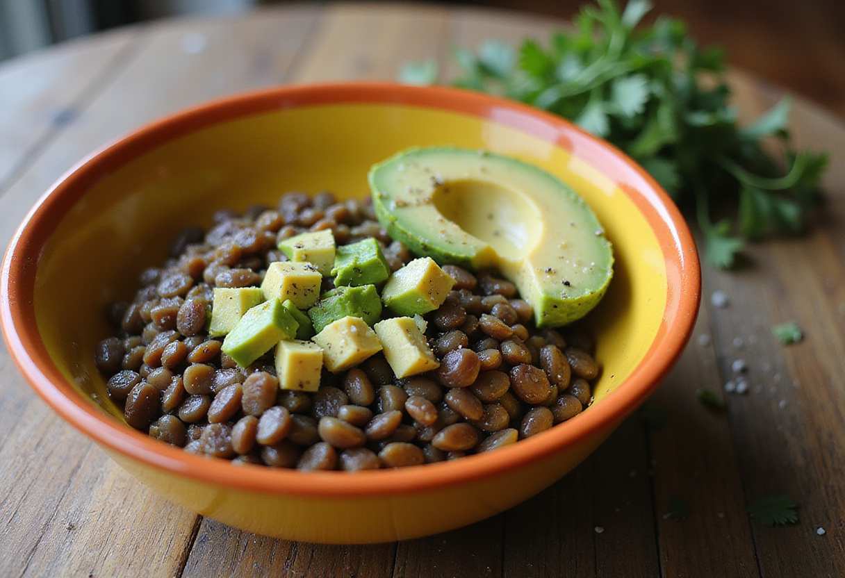 Bol de lentilles, avocat, et assaisonnements prêt pour un repas healthy rapide.