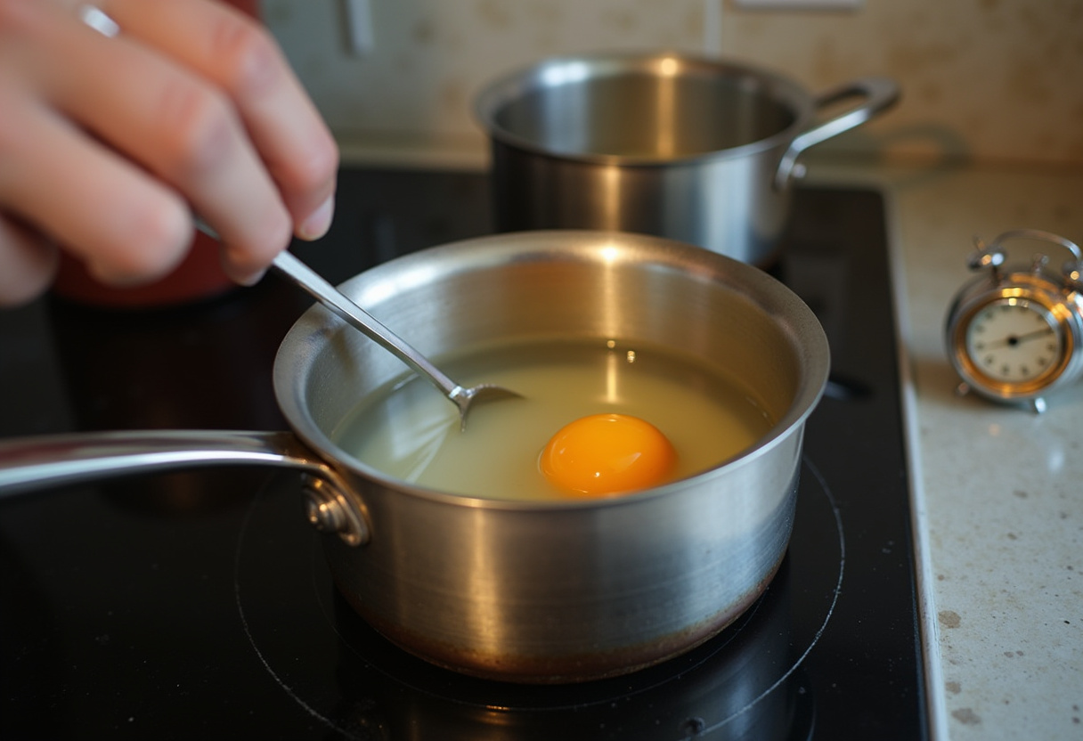 Cuisson d'un œuf pour un bowl lentilles, avocat, œuf mollet, préparation d'un repas rapide.