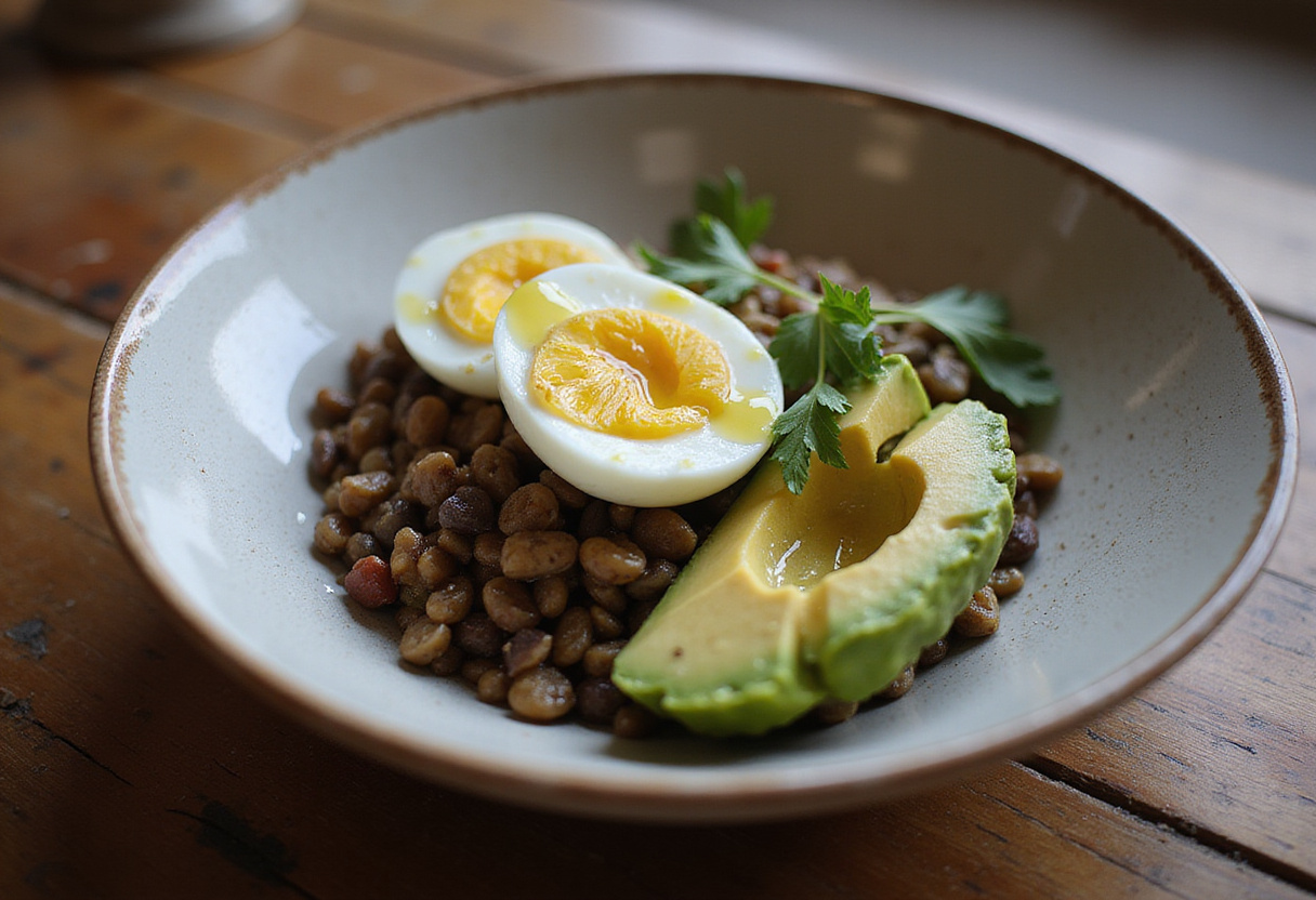 Bowl de lentilles et avocat avec un œuf mollet, prêt pour un repas healthy rapide.