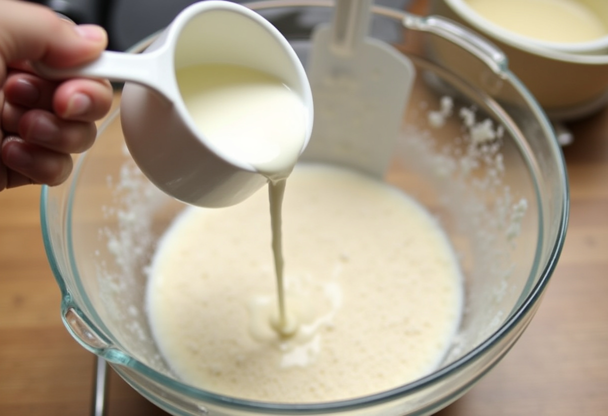 Ajout de lait écrémé dans le mélange pour brioche rapide et légère.