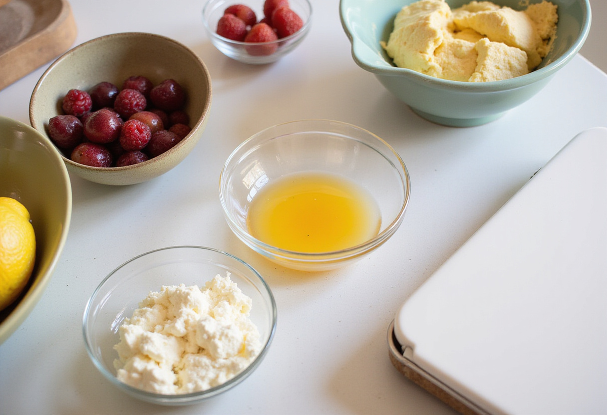 Préparation des blancs d'œufs et des fruits pour la brioche saine et facile.