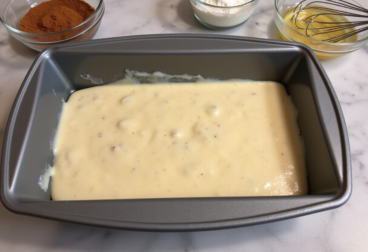 Remplissage d'un moule à pain avec la pâte de brioche minceur.