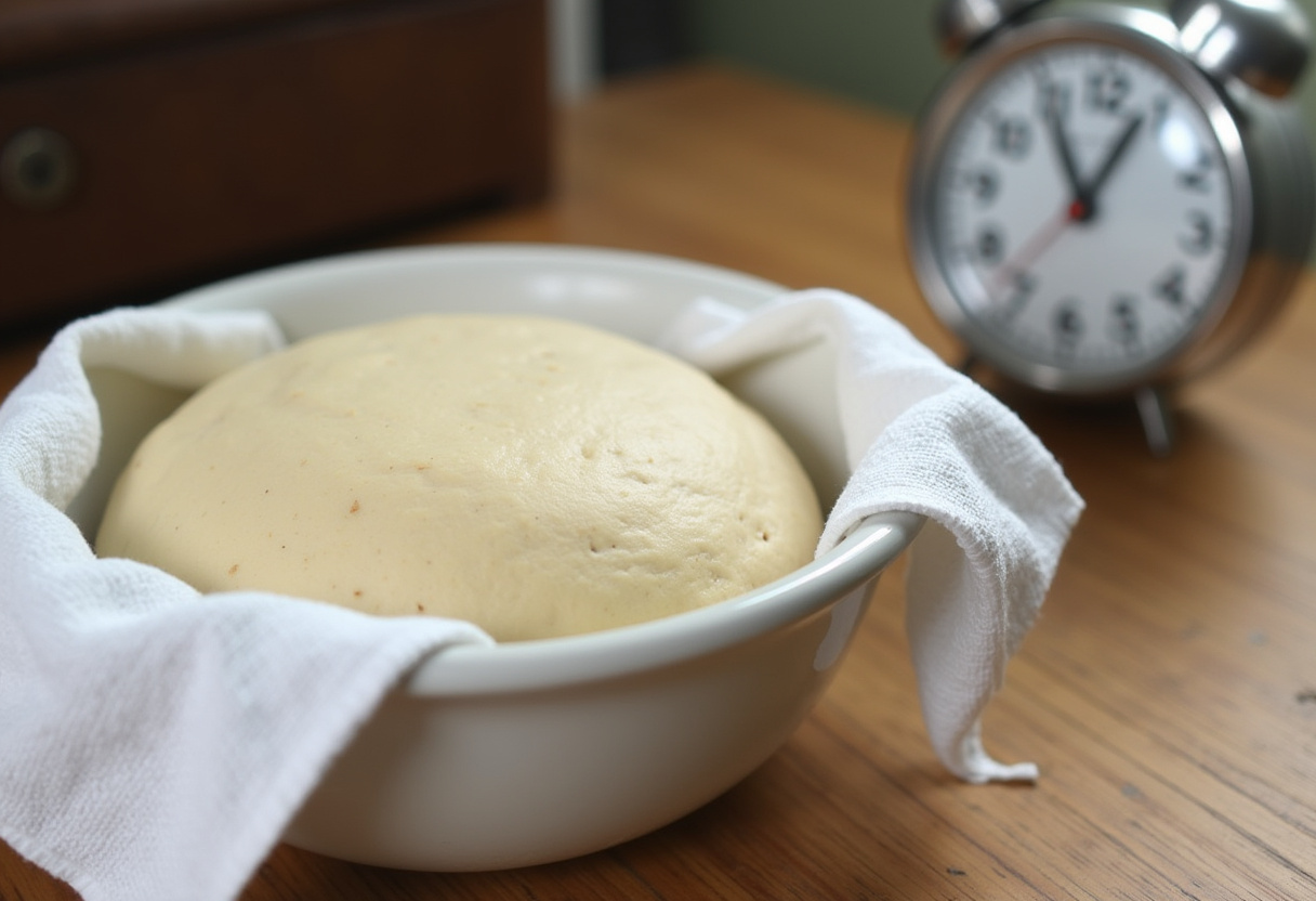 Pâte à brioche au repos en train de lever, sans beurre, sucre et œufs, pour une préparation de brioche healthy.
