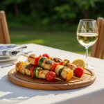 Brochettes de poisson grillées servies sur une table d'été, idéales pour un repas estival.