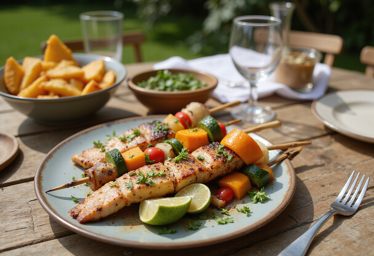 Brochettes de poisson grillées servies sur une table d'été, idéales pour un repas estival.
