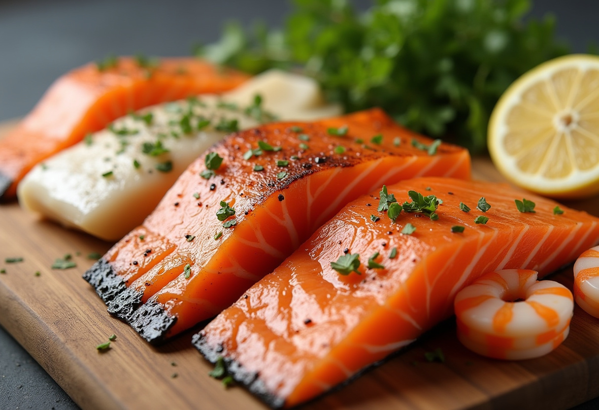Brochettes de poisson marinées prêtes pour la recette des brochettes de saumon, cabillaud ou crevettes.