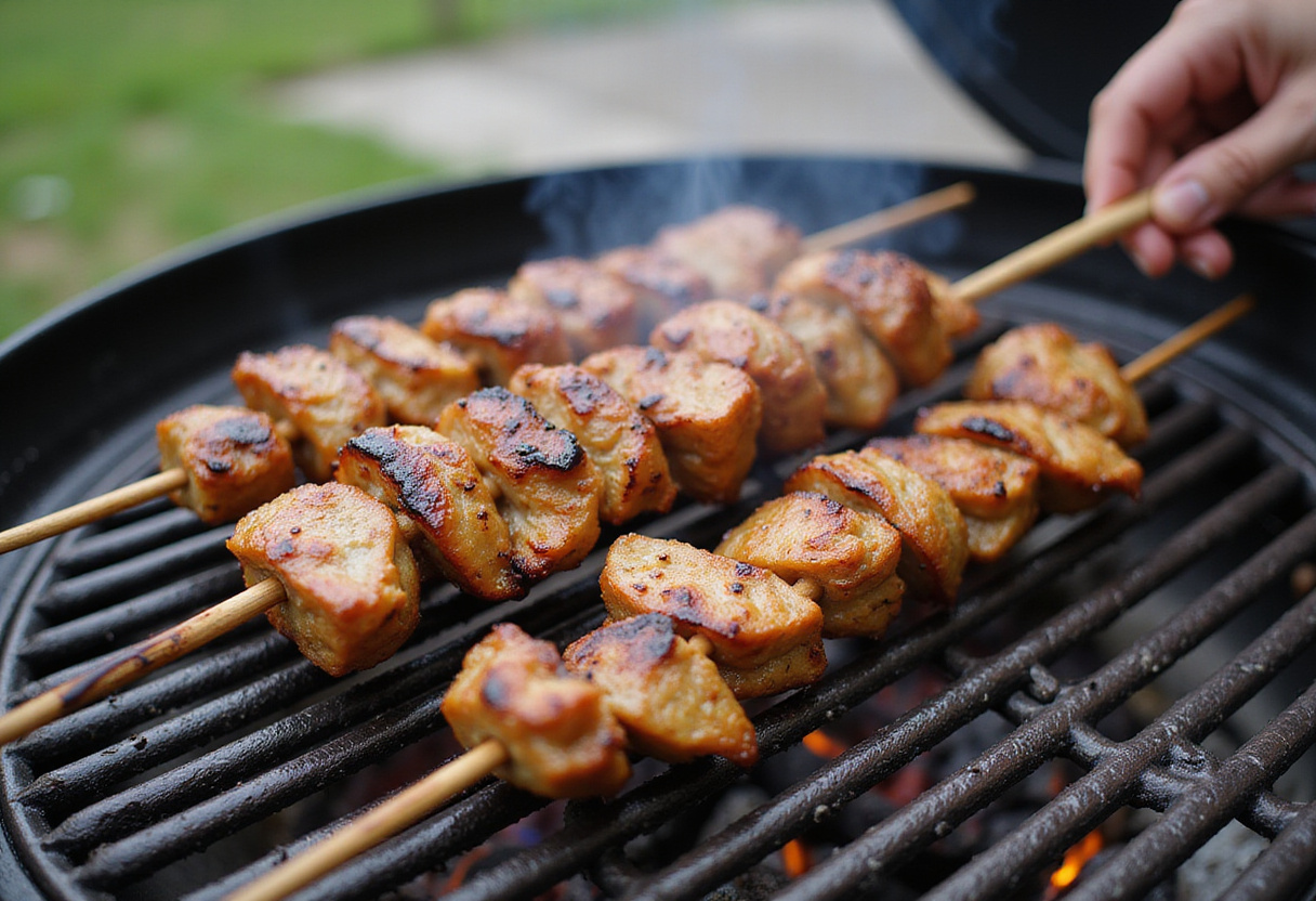 Brochettes de poisson sur le barbecue, parfaites pour un plat d'été ensoleillé.
