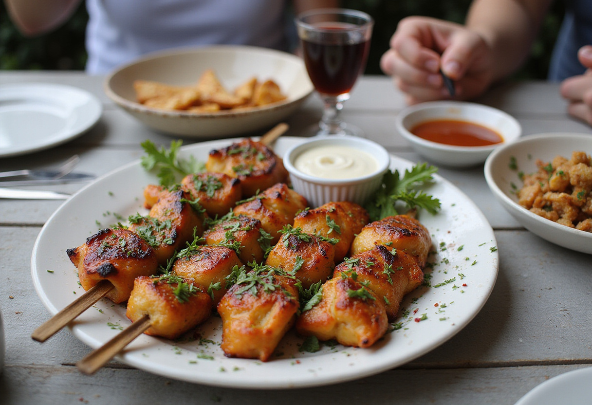 Platter de brochettes de saumon, cabillaud et crevettes grillées prêtes pour vos repas d'été.
