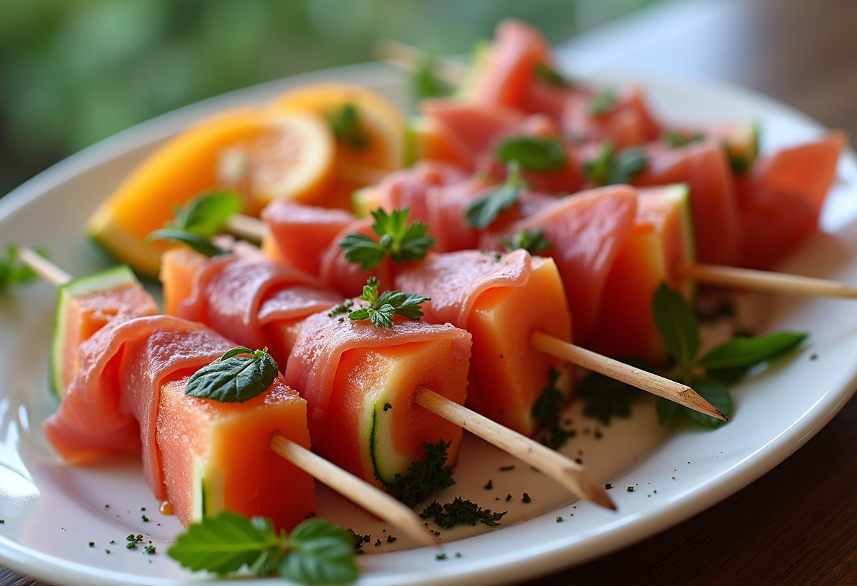 Brochettes melon jambon cru finies, idéales pour les apéritifs d'été et les recettes originales.