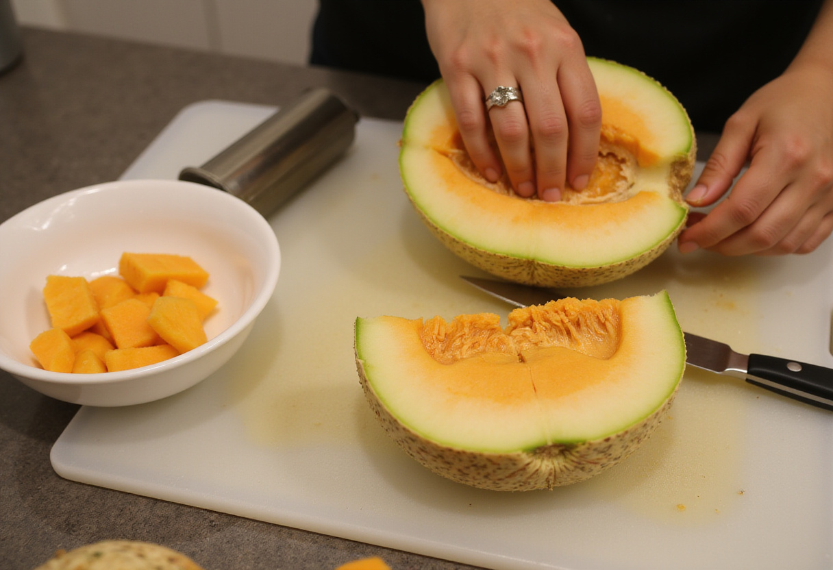 Melon coupé en cubes pour les brochettes melon jambon cru amuses bouches.