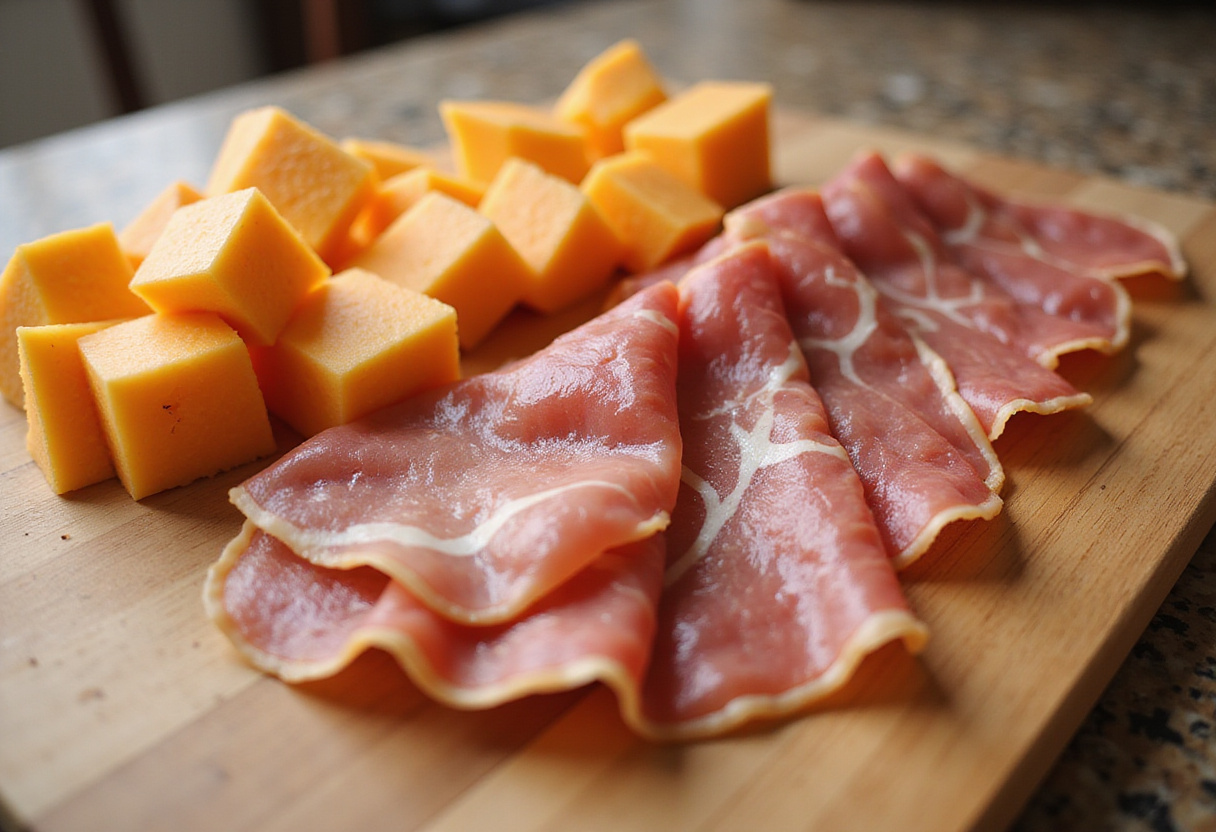 Tranches de prosciutto préparées pour l'assemblage des brochettes melon jambon cru amuses bouches.
