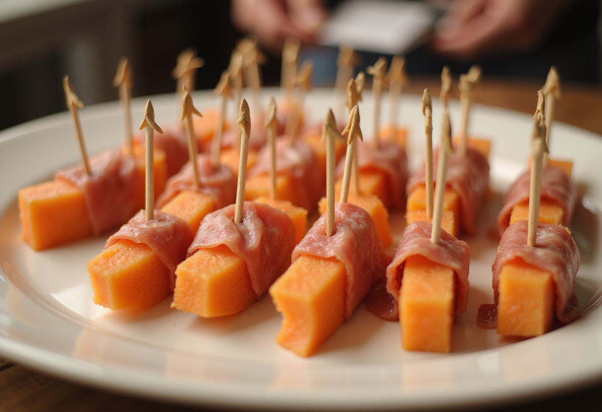 Cure-dents mis en place pour créer des brochettes melon jambon cru amuses bouches.