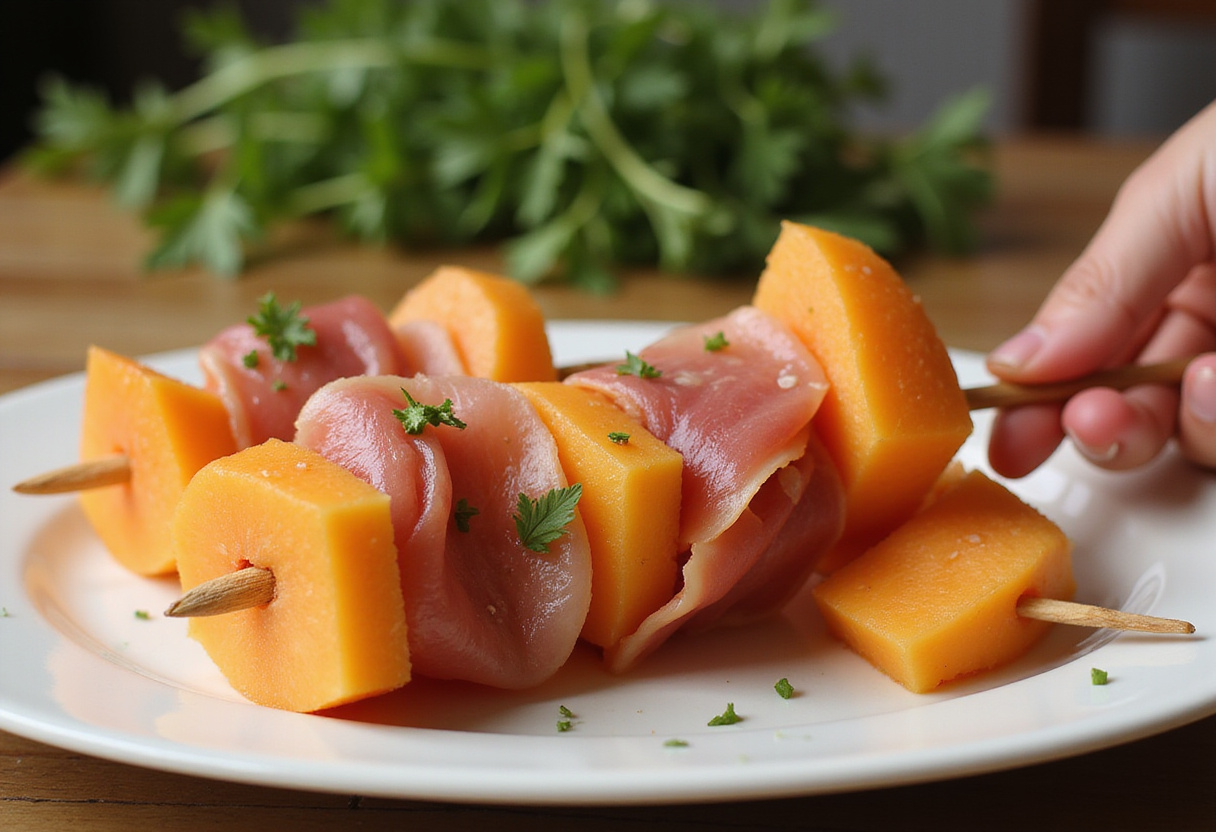 Brochettes melon jambon cru assemblées prêtes à être servies comme amuses bouches.