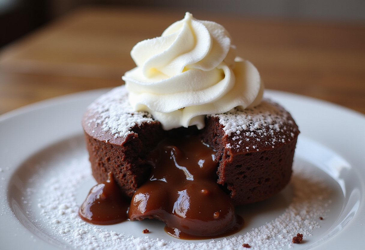 Delicious brownie fondant served warm, gooey, and topped with cream, a perfect chocolate dessert.