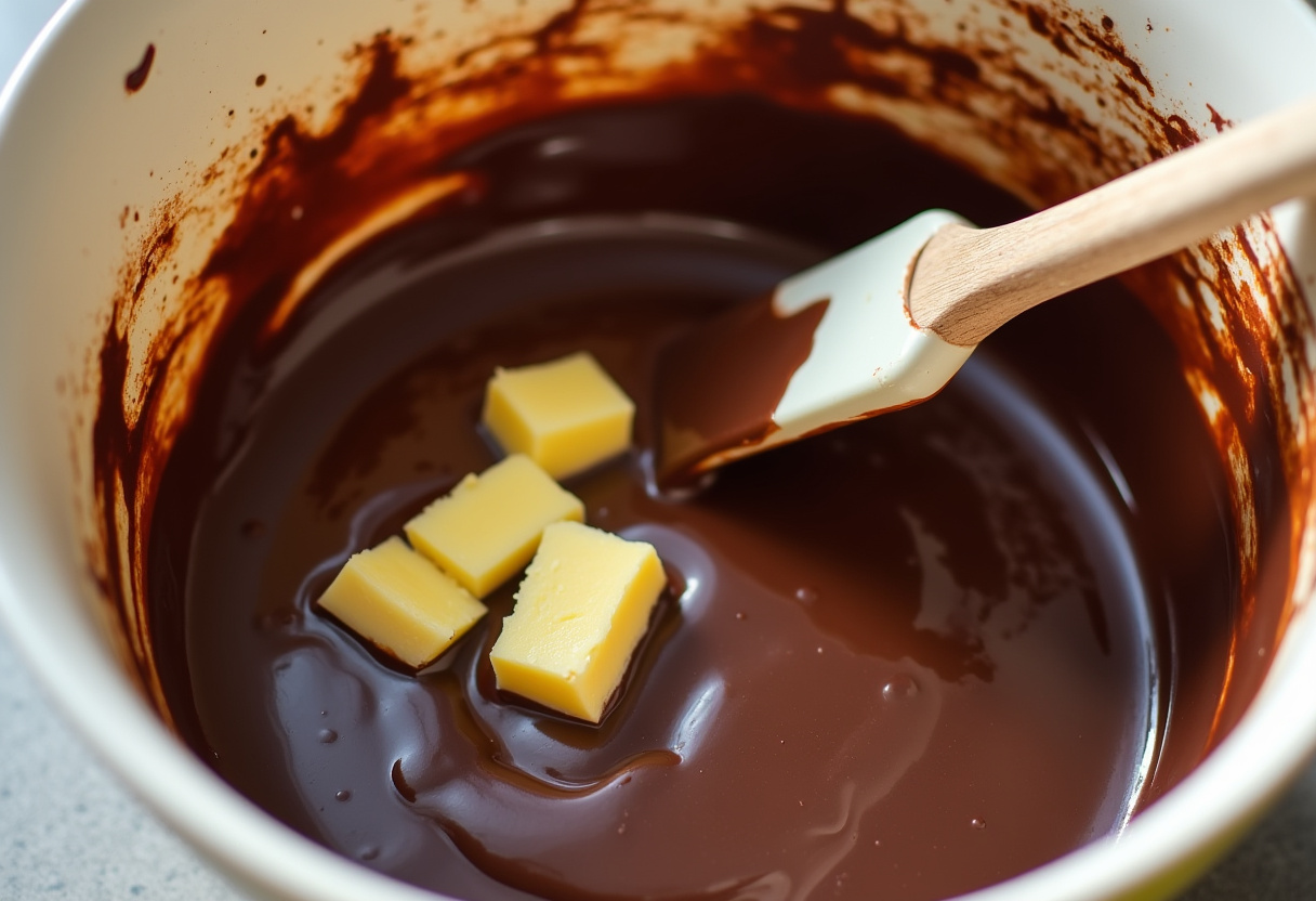 Melted chocolate and butter in a bowl, essential for making brownie fondant.