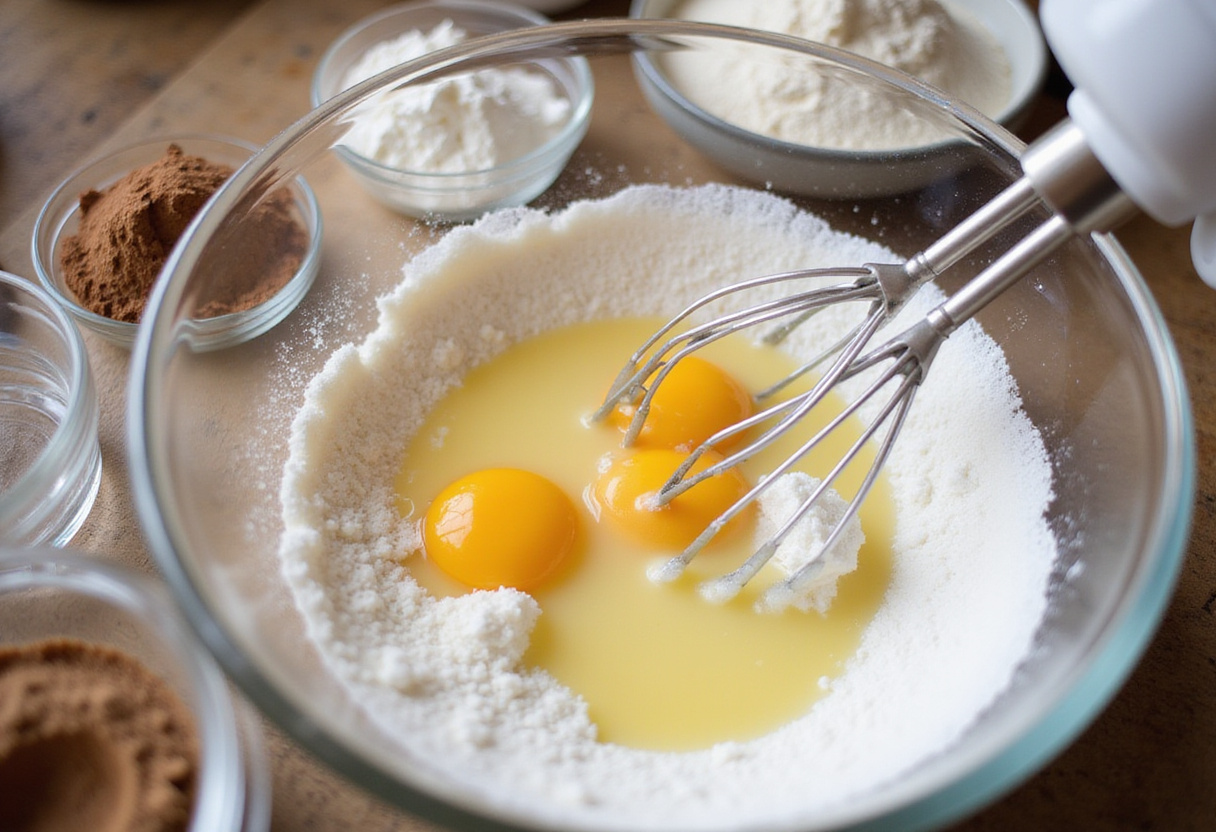 Mixing sugar and eggs for brownie fondant recipe, essential for a rich dessert.