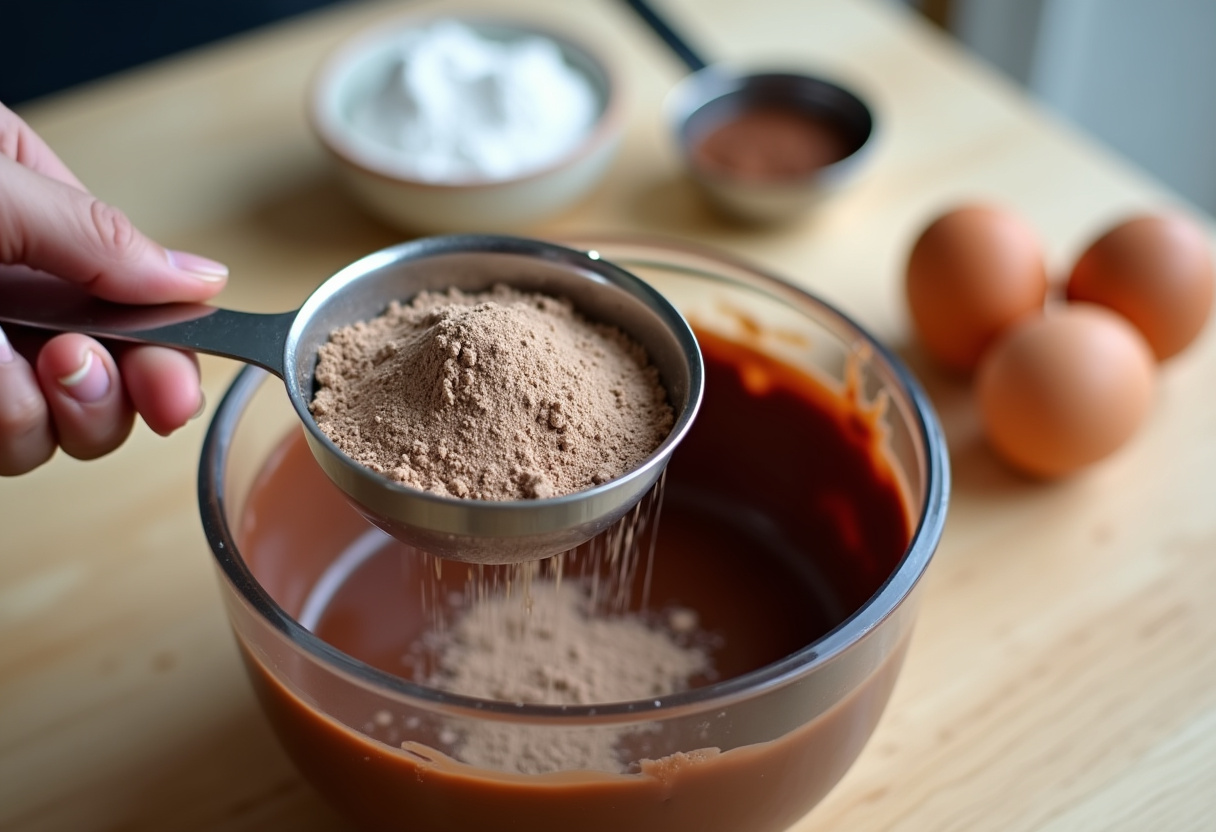 Sifting flour and cocoa powder into chocolate mixture for brownie fondant preparation.