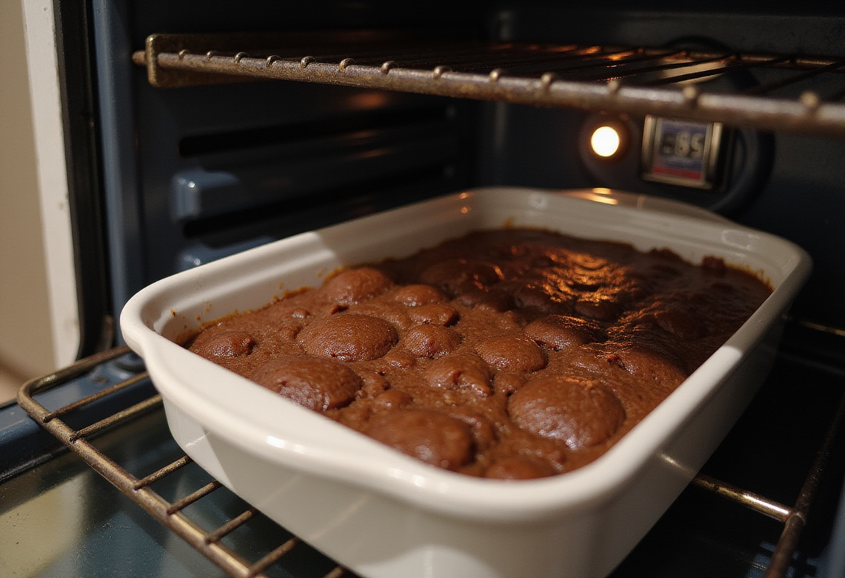 Brownie fondant batter in an oven-safe dish ready to bake in the oven.