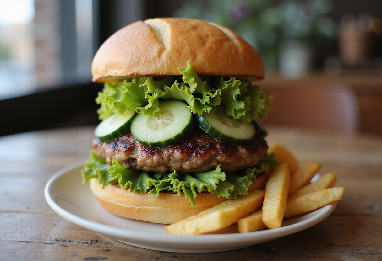 Burger frais de concombre fini et joliment présenté, idéal pour un repas savoureux.