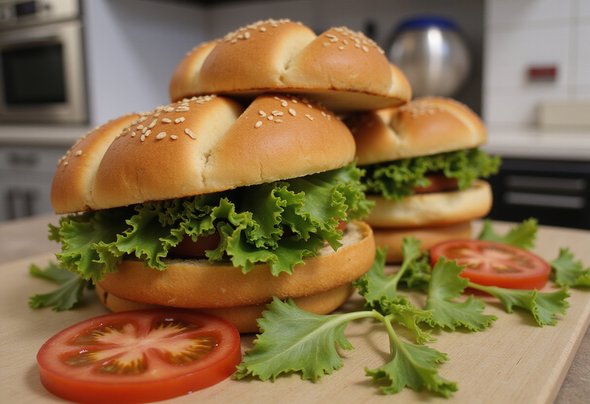 Pains à burger frais et légumes préparés pour un burger frais de concombre.