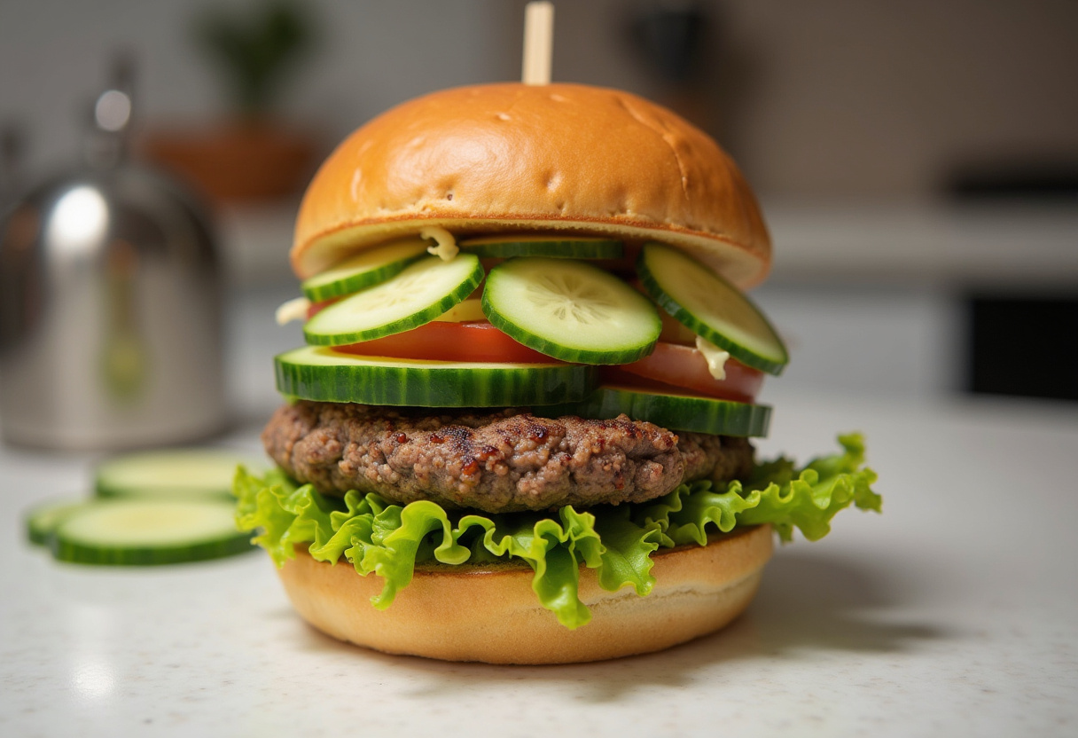 Assemblage du burger frais avec des ingrédients frais et différentes couches.