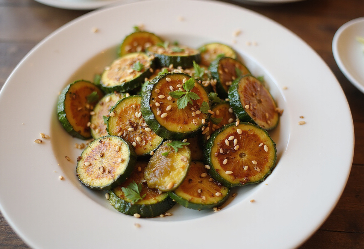 Completed courgettes rôties au four with feta and sesame, ideal for a gourmet vegetable dish.