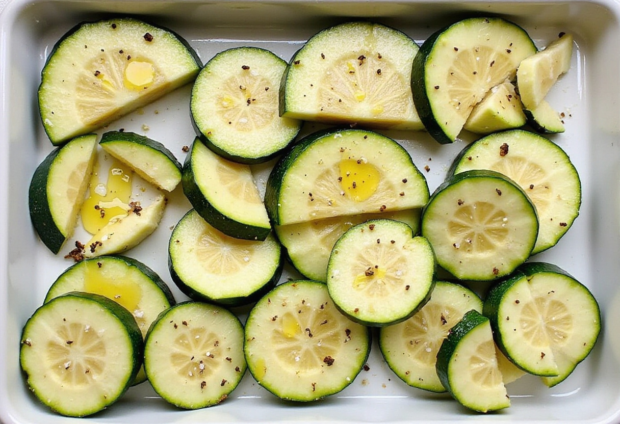 Zucchini arranged in a baking dish for courgettes rôties au four with olive oil and spices.