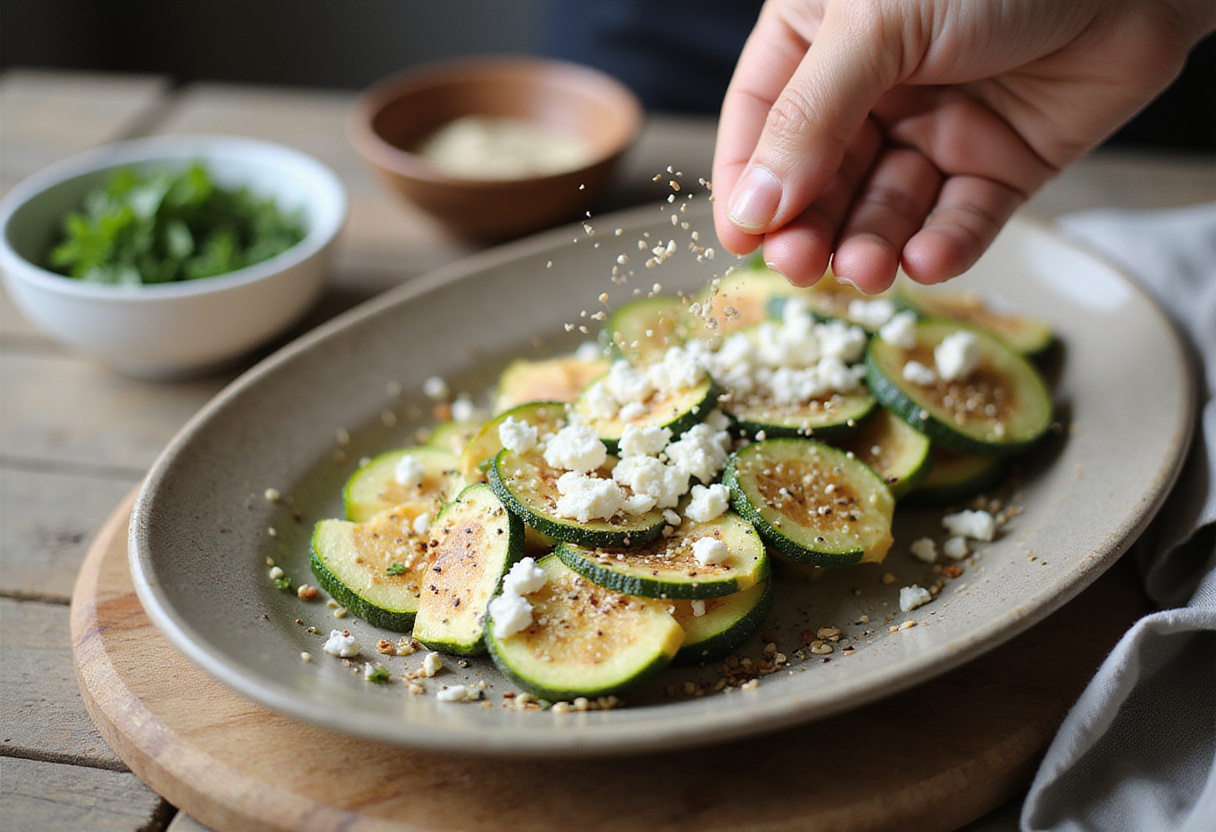 Crumpled feta and sesame seeds being added to zucchini for courgettes rôties au four.