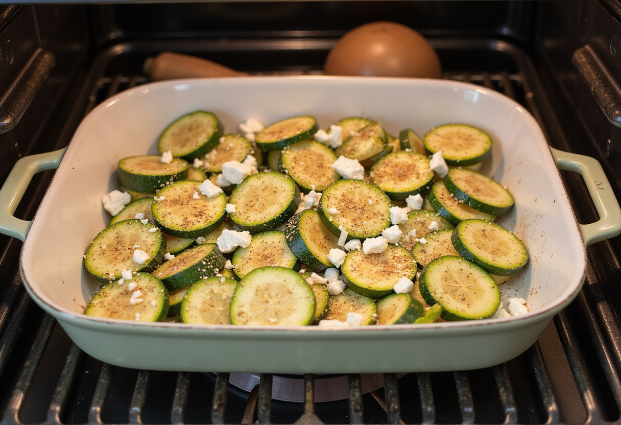 Baking dish filled with courgettes rôties au four ingredients ready to be baked.