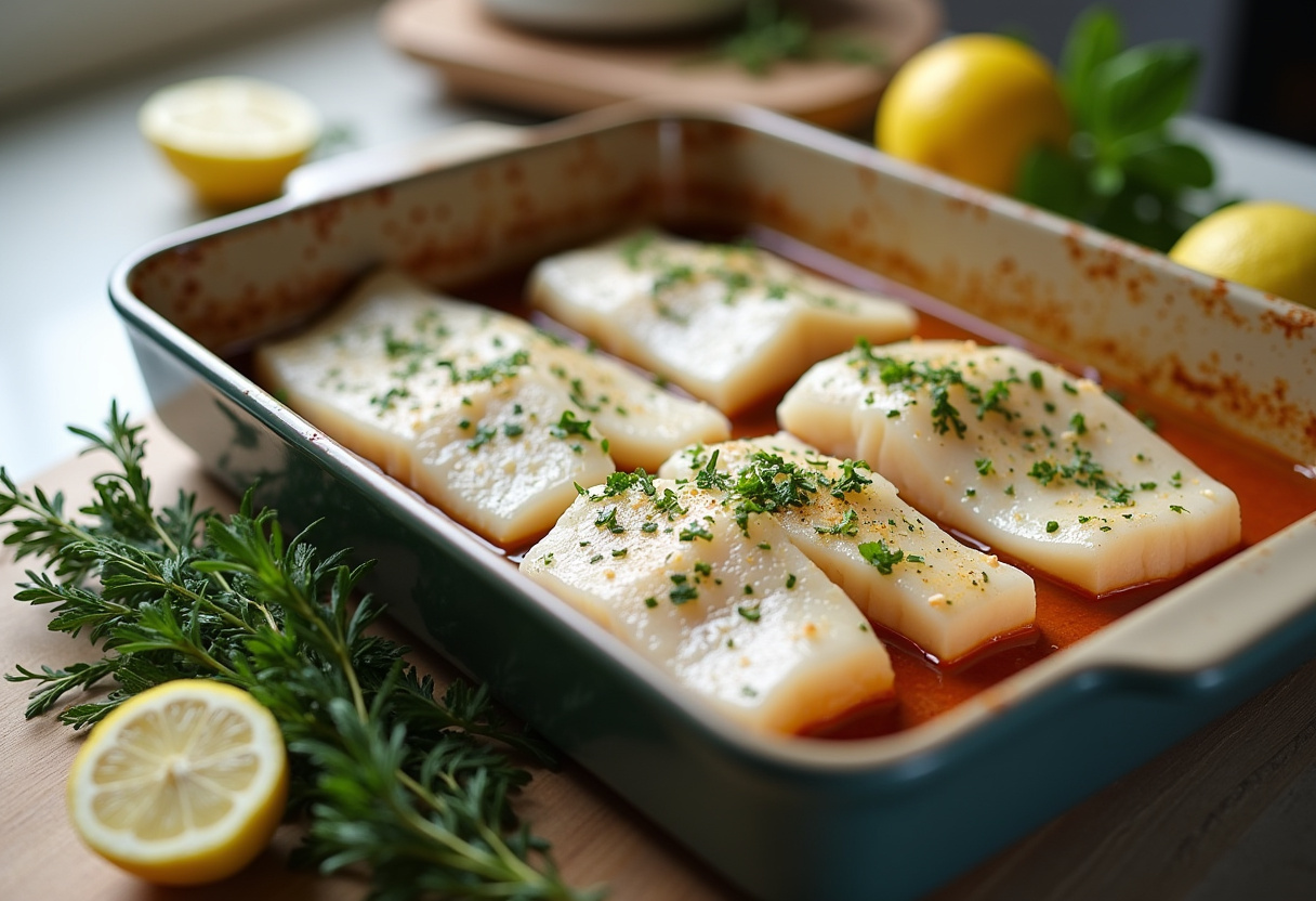 Fresh cod fillets prepared for cabillaud gratiné, ready to be seasoned in the recipe.