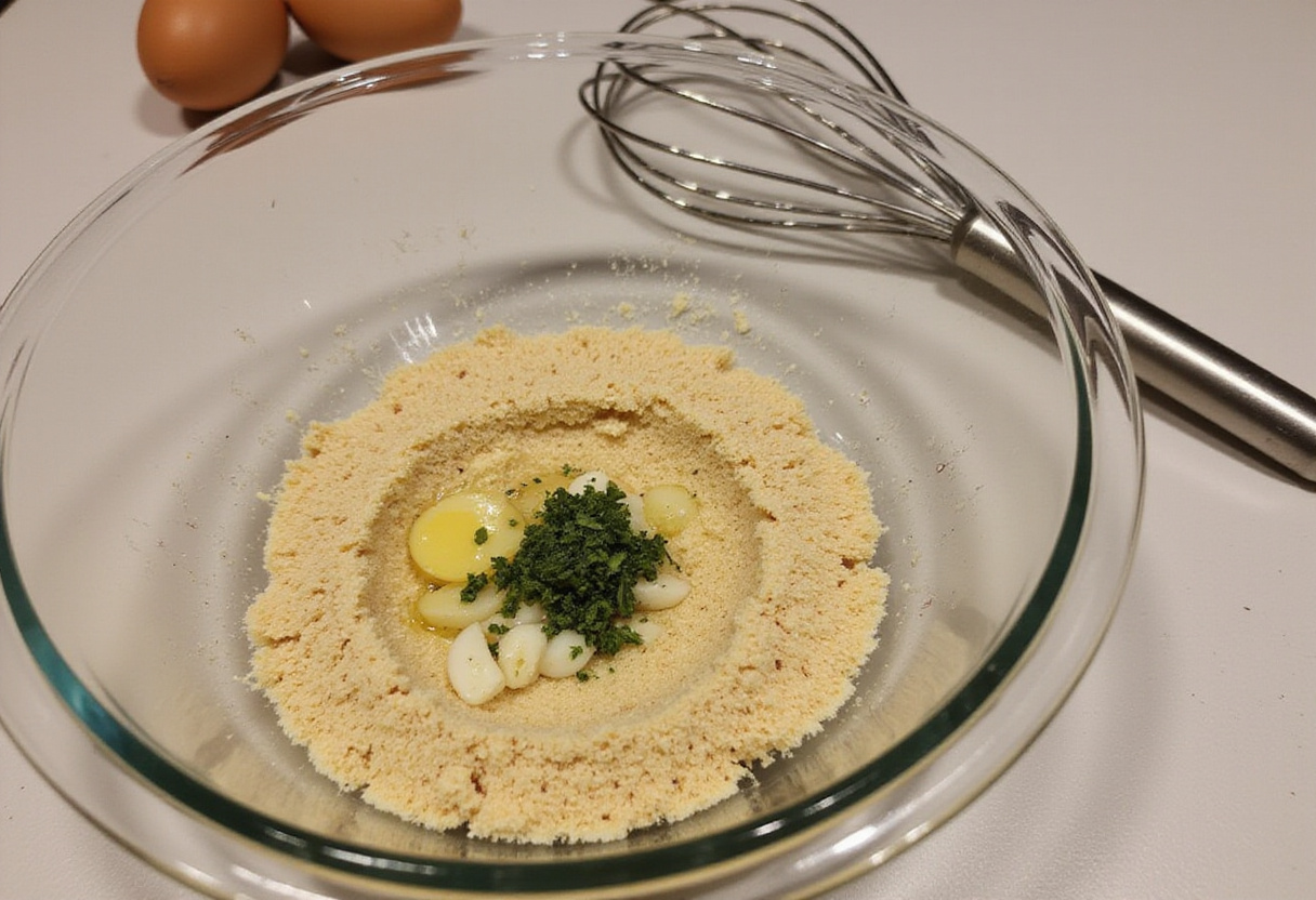 Breadcrumb mixture being prepared for the delicious cabillaud gratiné recipe.