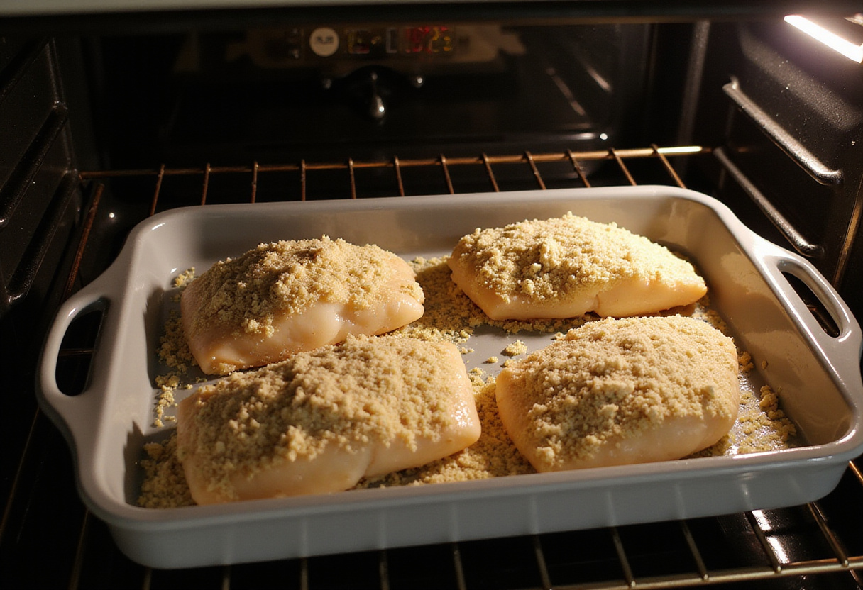 Baking dish with cabillaud gratiné being placed in the oven for a savory finish.