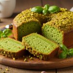 Sliced cake courgette basilic pistache on a platter, showcasing its vibrant ingredients.