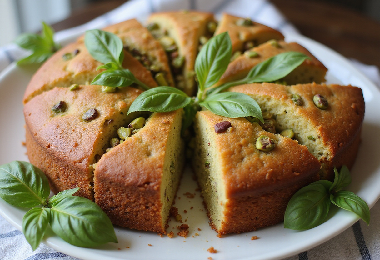 Cake courgette basilic pistache tranché sur un plateau, mettant en valeur ses ingrédients vibrants.