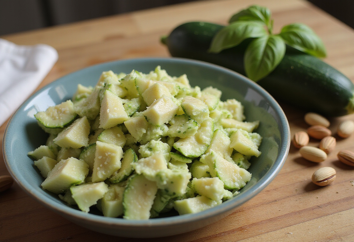 Courgettes râpées, basilic frais et pistaches préparés pour une recette de cake courgette basilic pistache.