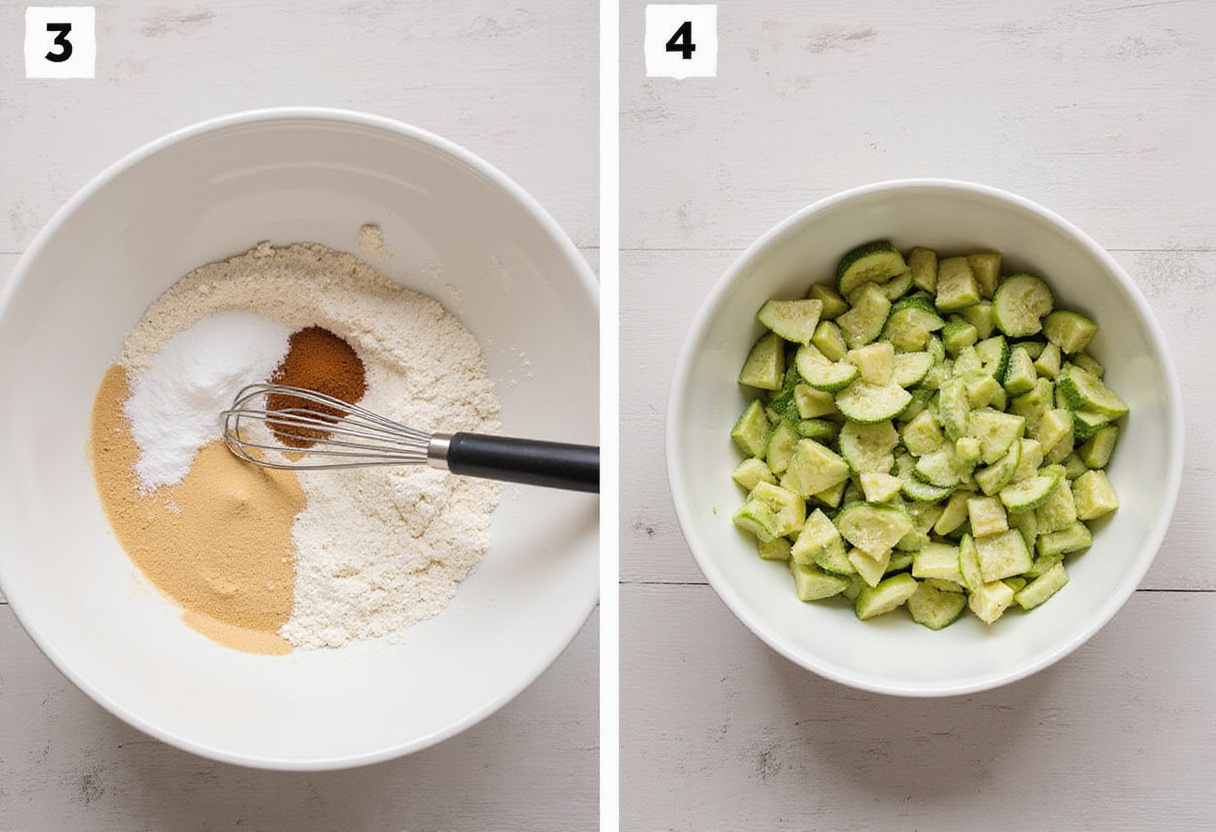 Farine, sucre et levure chimique mélangés pour le cake courgette basilic pistache.