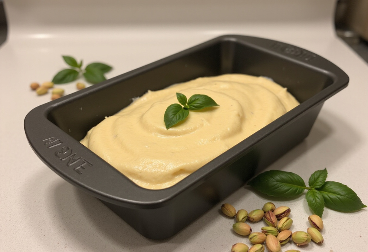 Moule à cake avec la pâte à gâteau courgette basilic pistache prête à être cuite.
