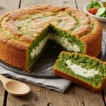 Sliced cake épinards et feta, showcasing the filling, perfect for a savory meal.