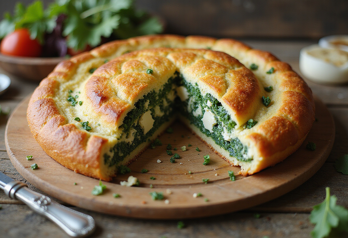 Cake épinards et feta tranché, montrant la garniture, parfait pour un repas salé.
