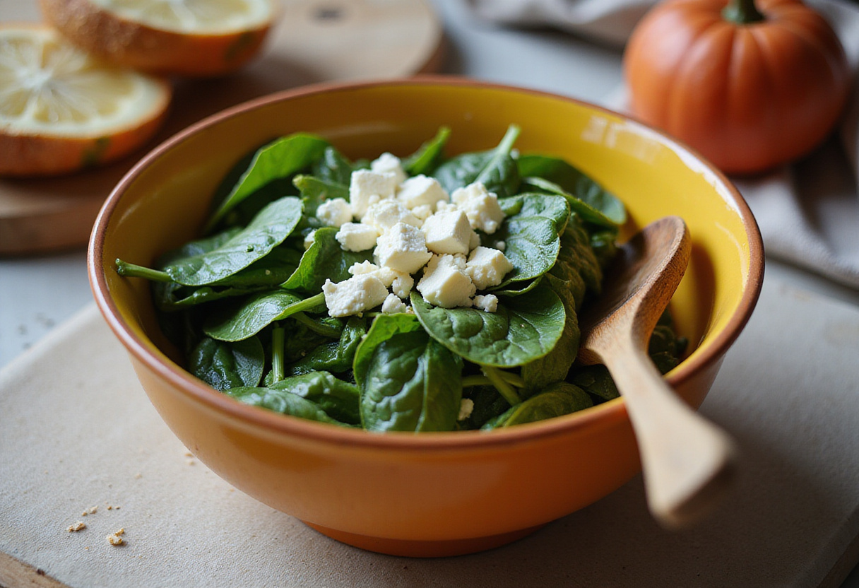 Épinards frais et feta émiettée pour la recette de cake épinards feta.