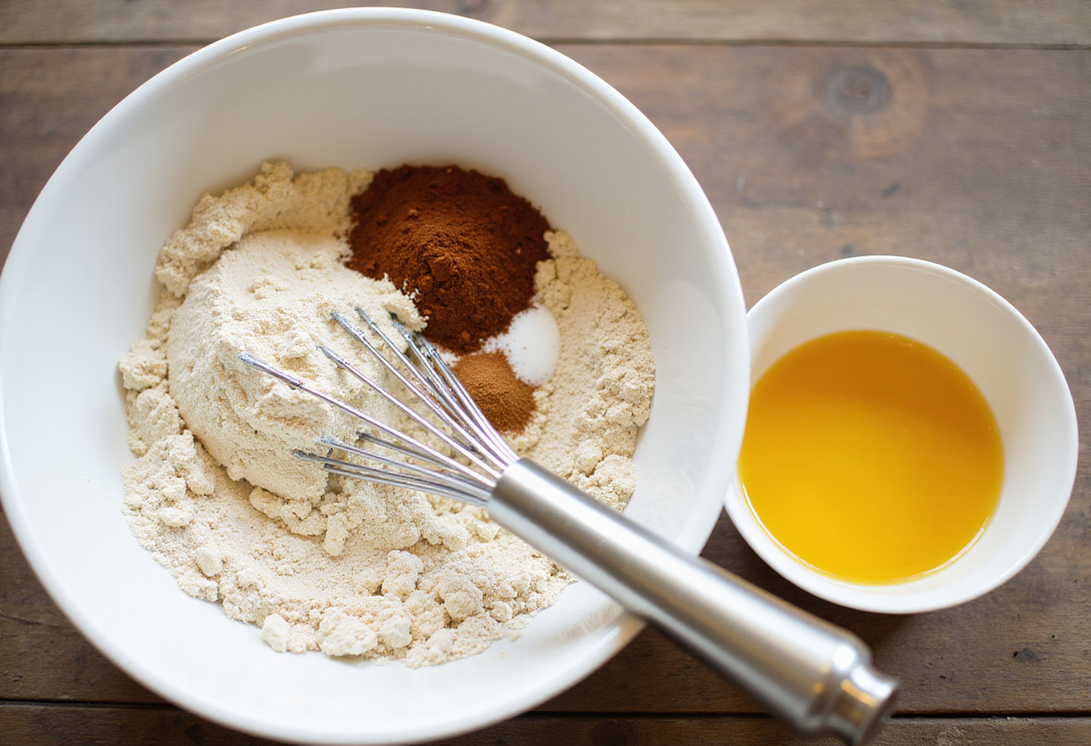 Préparation des ingrédients secs pour la recette de cake épinards feta, montrant la farine et la levure chimique.