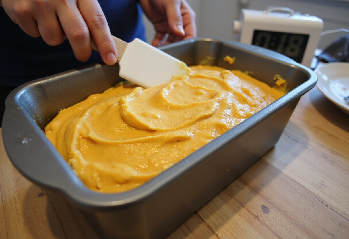 Remplissage d'un moule à cake avec la pâte aux épinards et à la feta pour la préparation du gâteau salé.