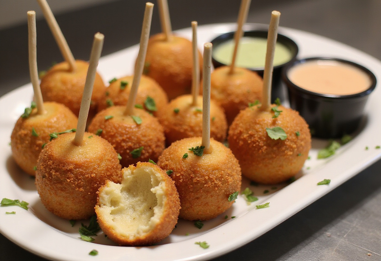 Plateau de cake pops salés jambon-fromage décorés, idéal pour un amuse-bouche.