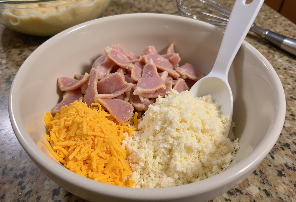 Préparation des ingrédients pour les cake pops salés jambon-fromage dans un bol.