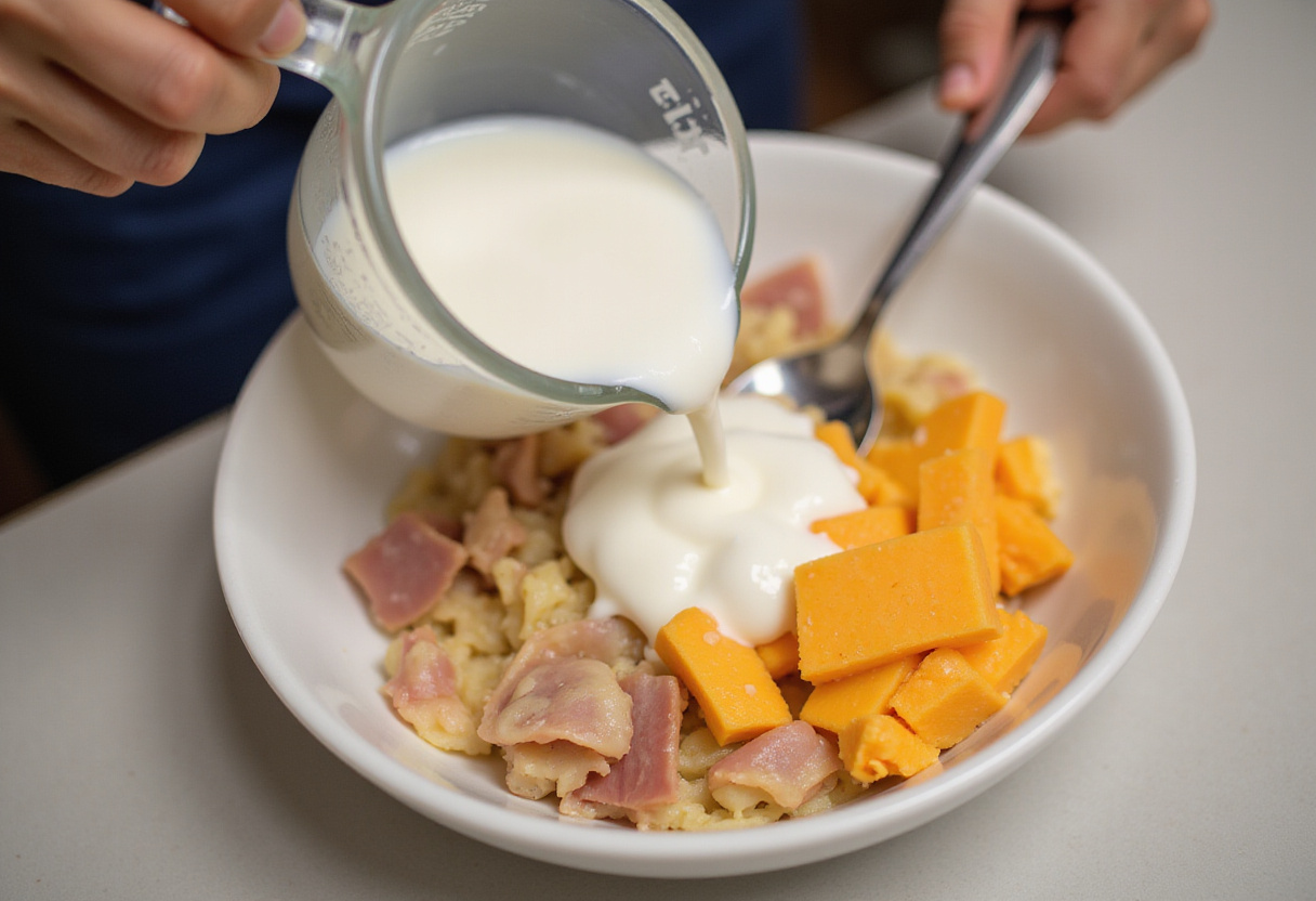 Ingrédients liquides ajoutés à la préparation pour la recette de cake pops salés jambon-fromage.