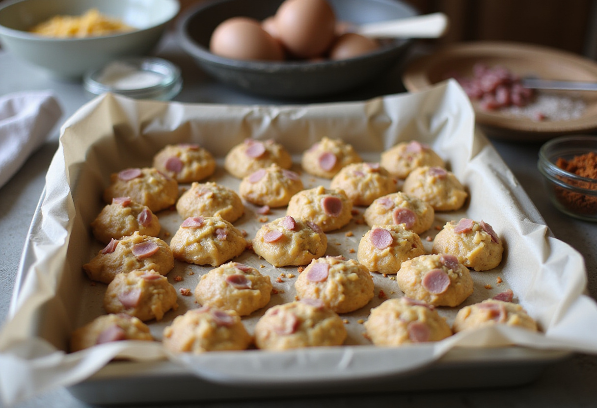 Boules de cake pops jambon-fromage prêtes à cuire sur une plaque de cuisson.