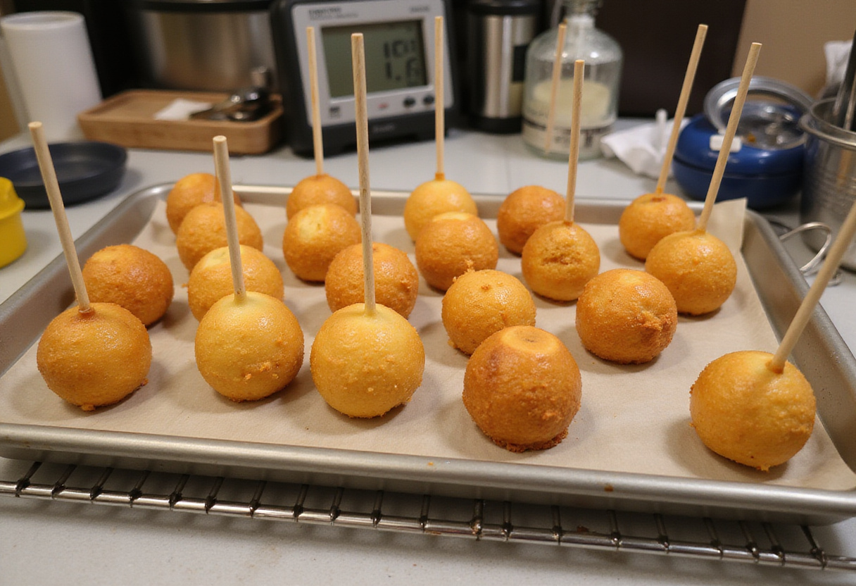 Cake pops salés jambon-fromage dorés sortis du four, prêts à être décorés.