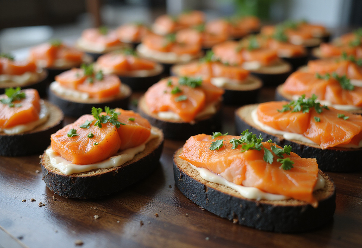 Canapés de saumon fumé sur pain noir, parfaits pour des hors-d'œuvre élégants.